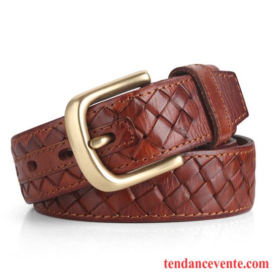 Ceinture Homme Cuir Véritable Couche De Tête Tissage Âge Moyen Boucle Cuir De Vache Foncé