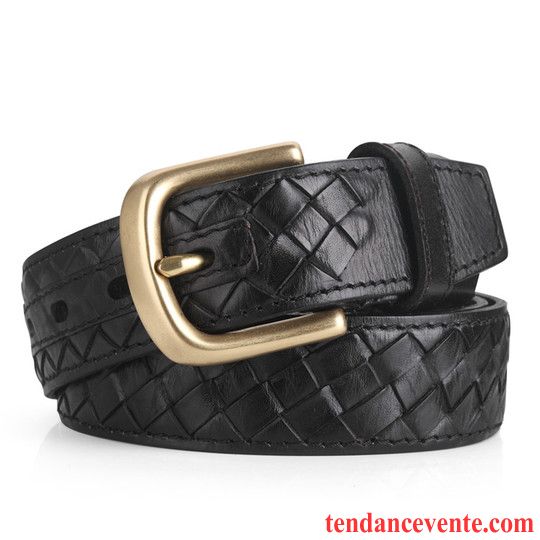 Ceinture Homme Cuir Véritable Couche De Tête Tissage Âge Moyen Boucle Cuir De Vache Foncé