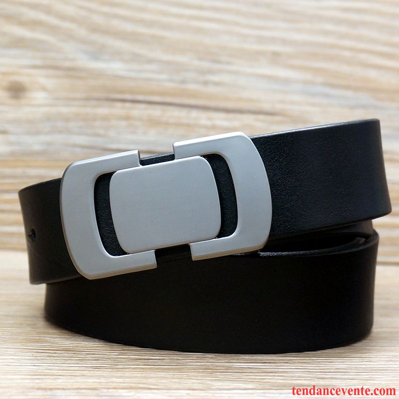 Ceinture Homme Jeunesse Couche De Tête Mode Lisse Cuir Véritable Simple Noir Pur