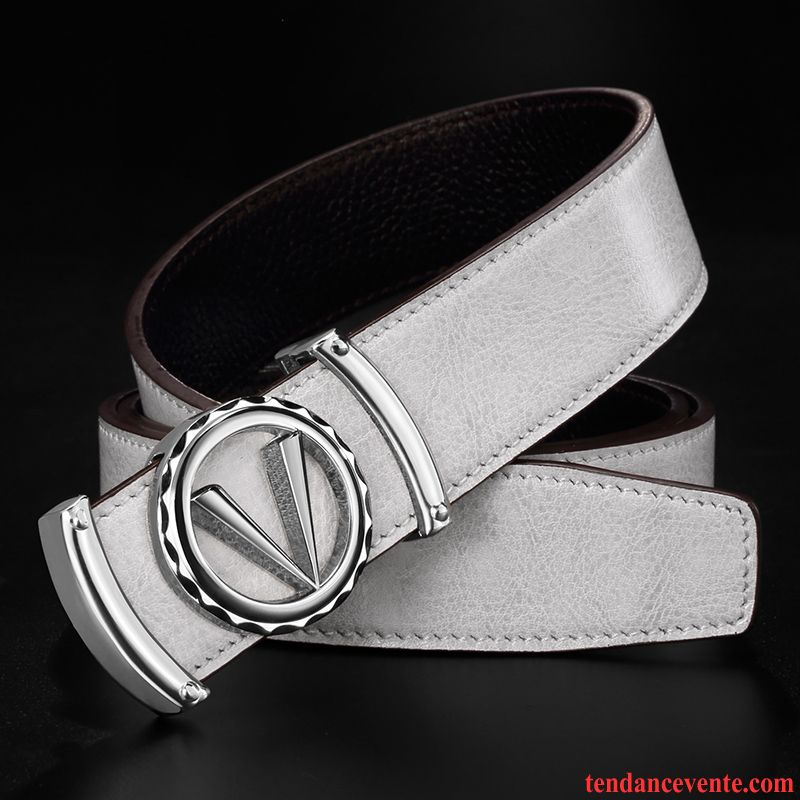 Ceinture Homme Loisir Couche De Tête Cuir Véritable Tendance Mode Cuir De Vache Blanc Argent Clair