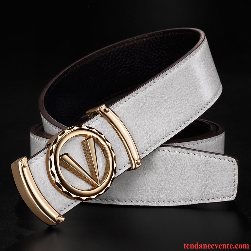 Ceinture Homme Loisir Couche De Tête Cuir Véritable Tendance Mode Cuir De Vache Blanc Argent Clair