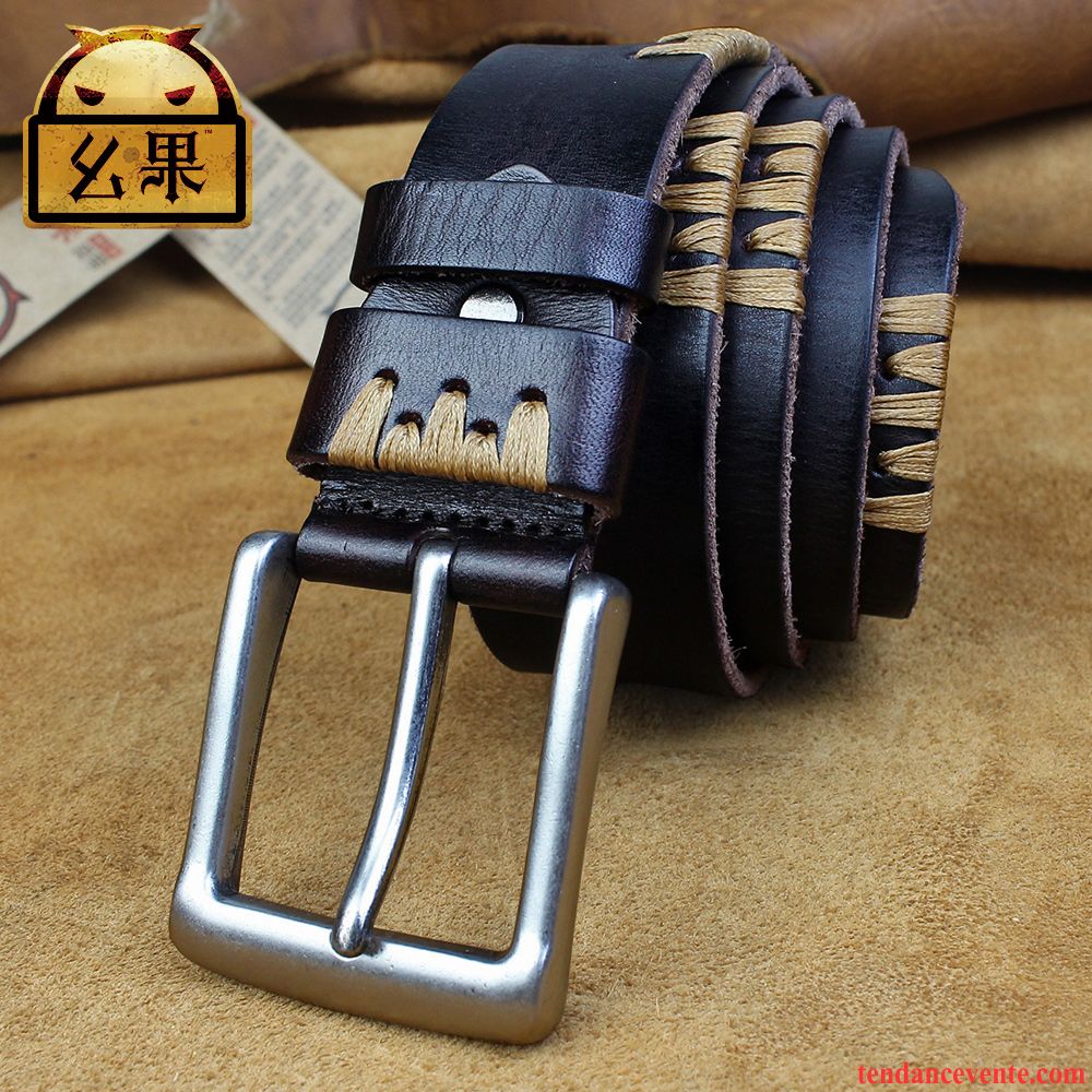 Ceinture Homme Manuel Jeans Couche De Tête Loisir Rétro Cuir De Vache Brun