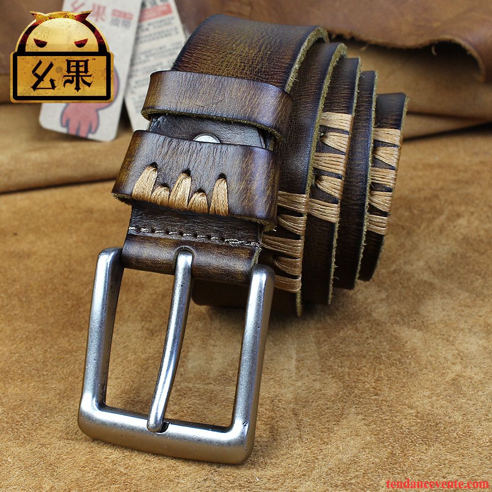 Ceinture Homme Manuel Jeans Couche De Tête Loisir Rétro Cuir De Vache Brun