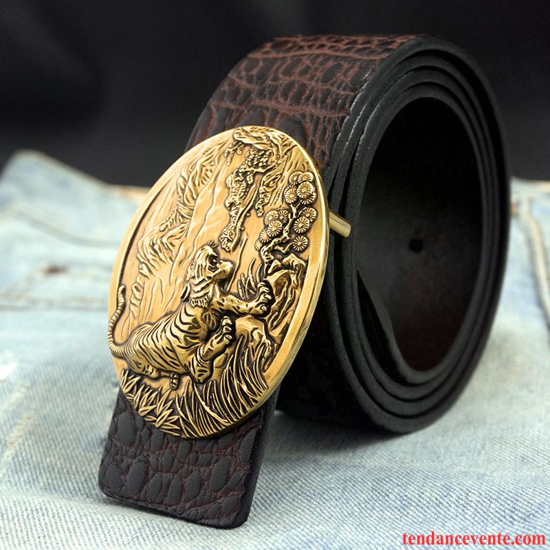 Ceinture Homme Rétro Couche De Tête Âge Moyen Jeunesse Cuir De Vache Lisse Marron Or