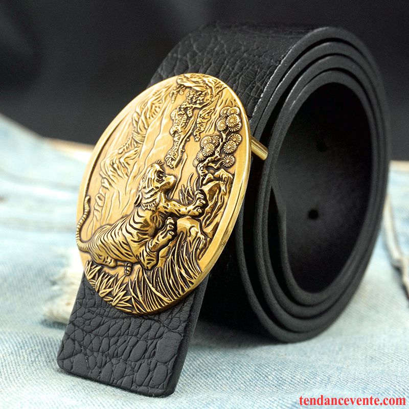 Ceinture Homme Rétro Couche De Tête Âge Moyen Jeunesse Cuir De Vache Lisse Marron Or