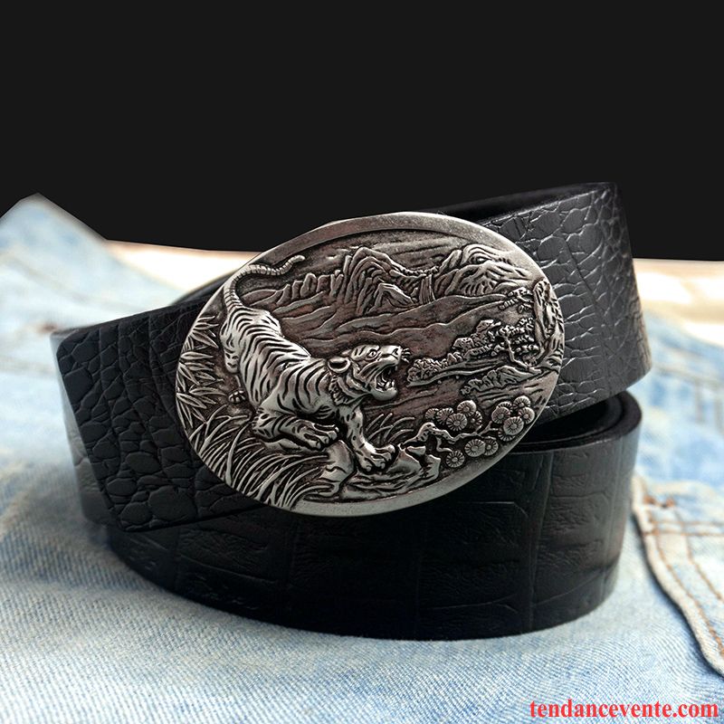 Ceinture Homme Rétro Couche De Tête Âge Moyen Jeunesse Cuir De Vache Lisse Marron Or