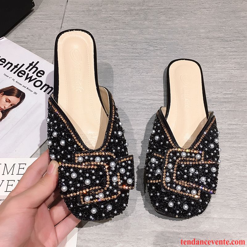 Chaussons Femme Arc Perle Imitation Strass Plates Printemps Mode Noir