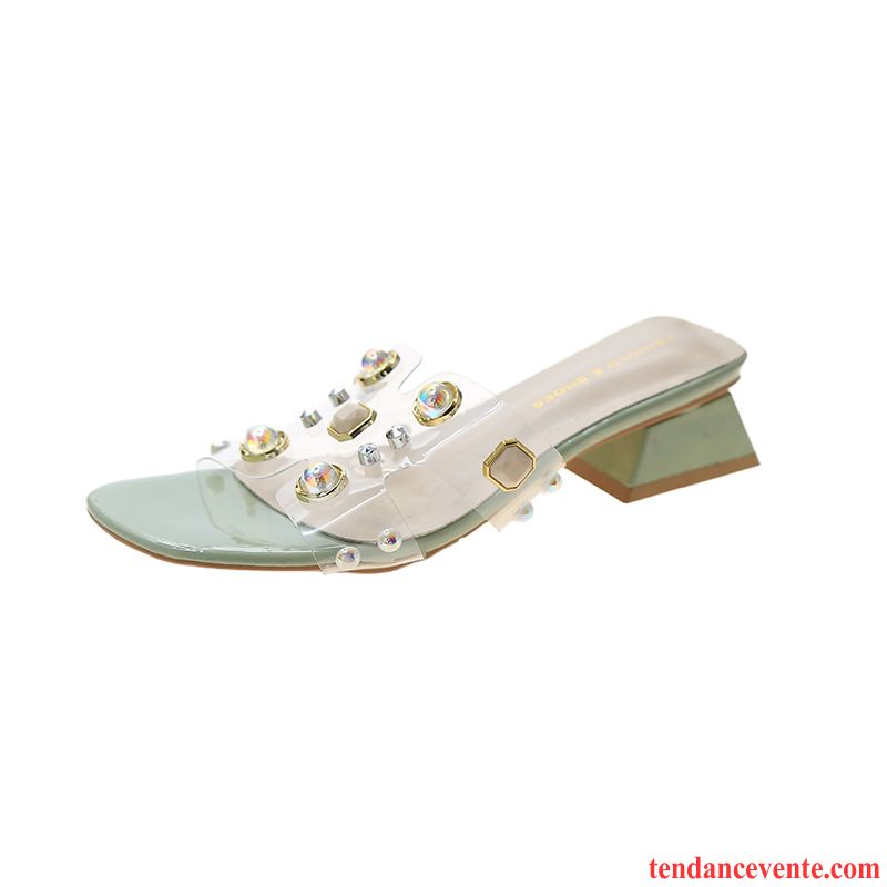 Chaussons Femme Épais Mode Imitation Strass Antidérapant Tendance Été Vert