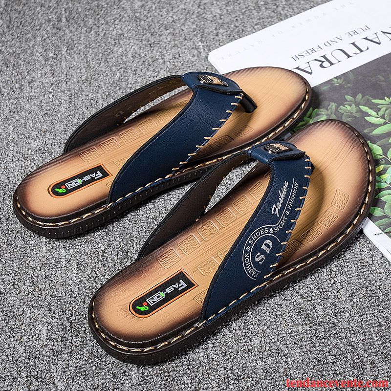 Chaussons Tongs Homme Cuir Véritable Taillissime Gros Personnalité Semelle Doux Décontractée Marron