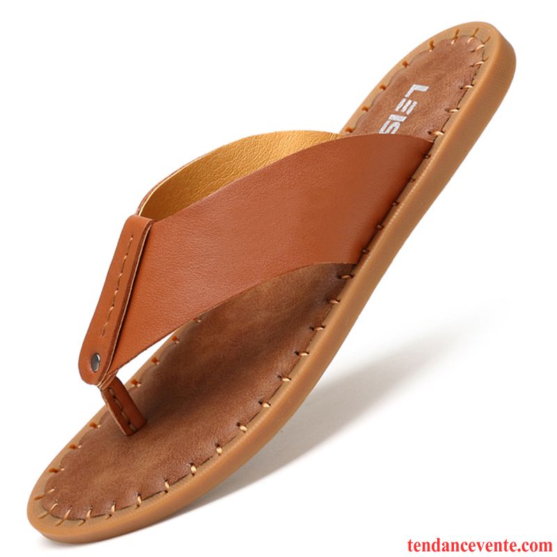 Chaussons Tongs Homme Cuir Véritable Tous Les Assortis Semelle Doux Antidérapant Été Delavé Marron