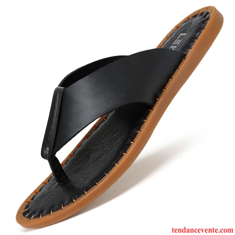 Chaussons Tongs Homme Cuir Véritable Tous Les Assortis Semelle Doux Antidérapant Été Delavé Marron