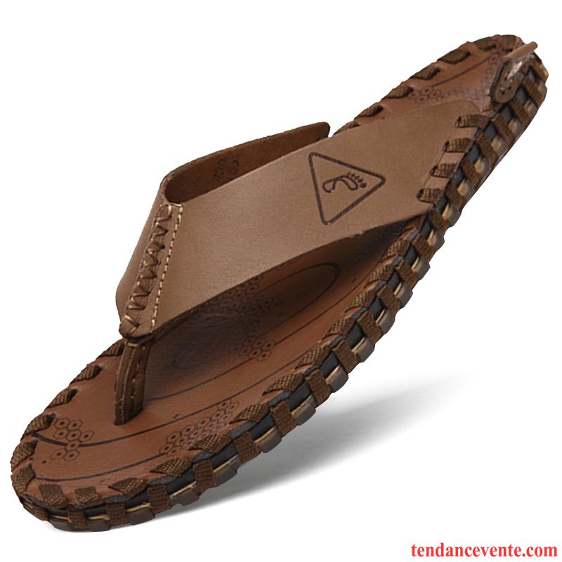 Chaussons Tongs Homme Cuir Véritable Tous Les Assortis Semelle Doux Antidérapant Été Delavé Marron