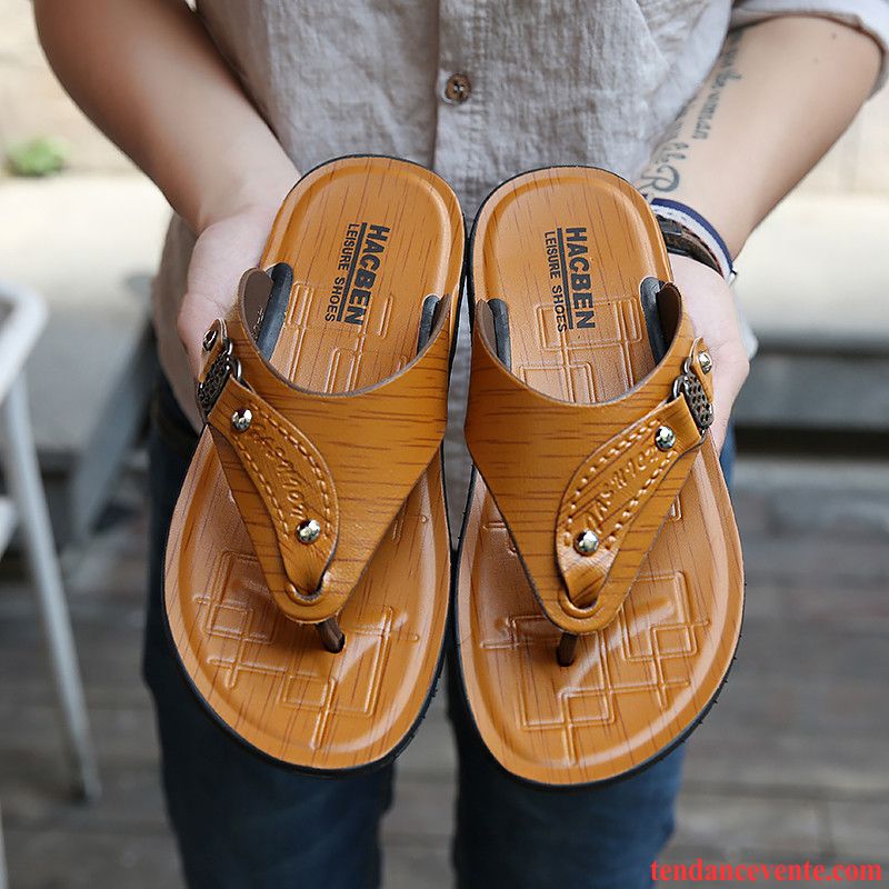 Chaussons Tongs Homme Plage En Cuir Sandales Antidérapant Été Semelle Doux Marron