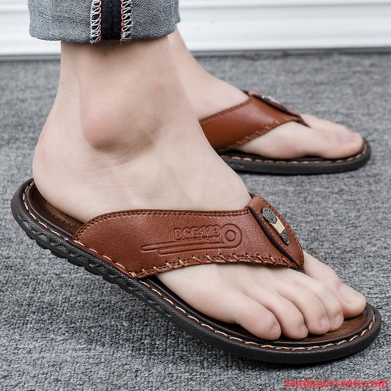 Chaussons Tongs Homme Plage Personnalité Été En Cuir Tendance Sandales Marron