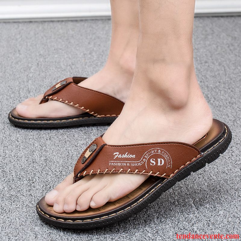 Chaussons Tongs Homme Plage Personnalité Été En Cuir Tendance Sandales Marron