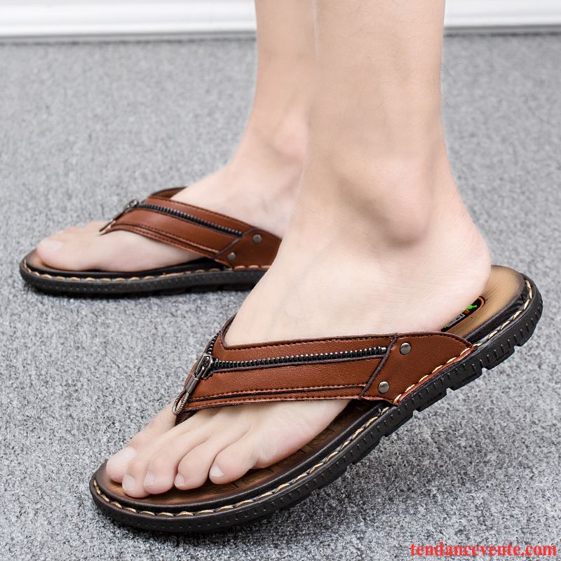 Chaussons Tongs Homme Plage Personnalité Été En Cuir Tendance Sandales Marron