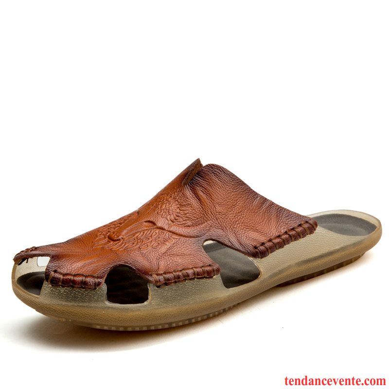 Chaussons Tongs Homme Taillissime En Cuir Semelle Doux Cuir Véritable Été Antidérapant Marron