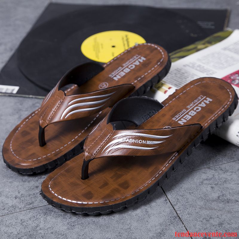 Chaussons Tongs Homme Tendance En Cuir Été Plage Étudiant Sandales Marron