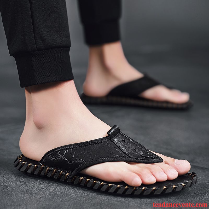 Chaussons Tongs Homme Été En Cuir Personnalité Plage Sandales Tendance