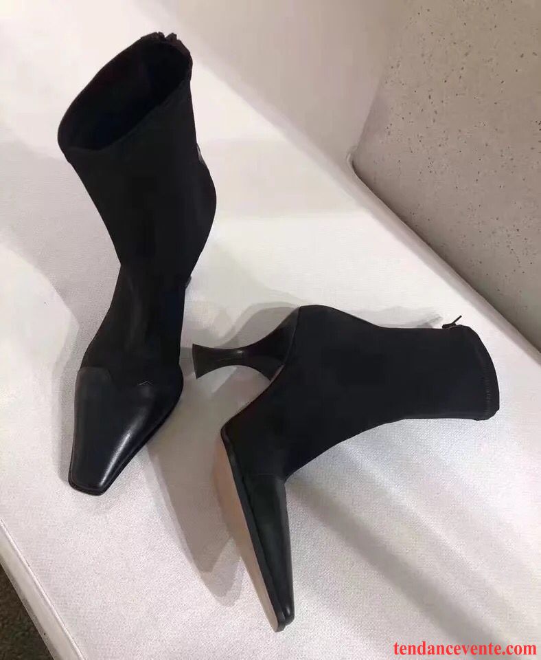 Chaussure Botte Femme Pas Cher Noir Tête Carrée Escarpins Femme Extensible Rouge Épissure Talons Minces Pas Cher