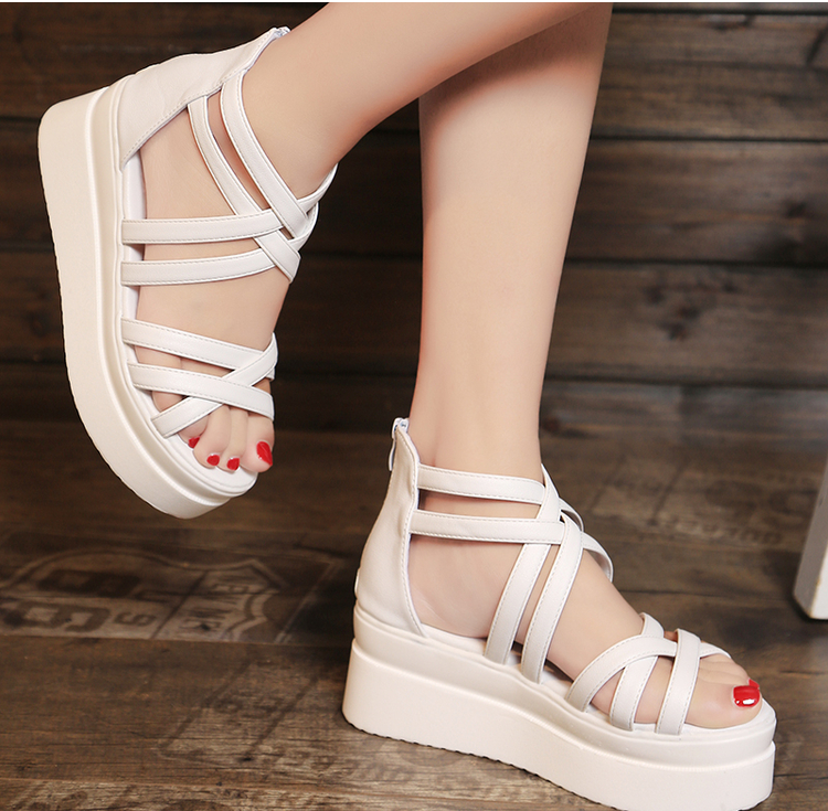 Chaussure Femme Sandales Cuir Talons Compensés Peep-orteil Femme Été Augmenté Étudiant Semelle Épaisse Blanc