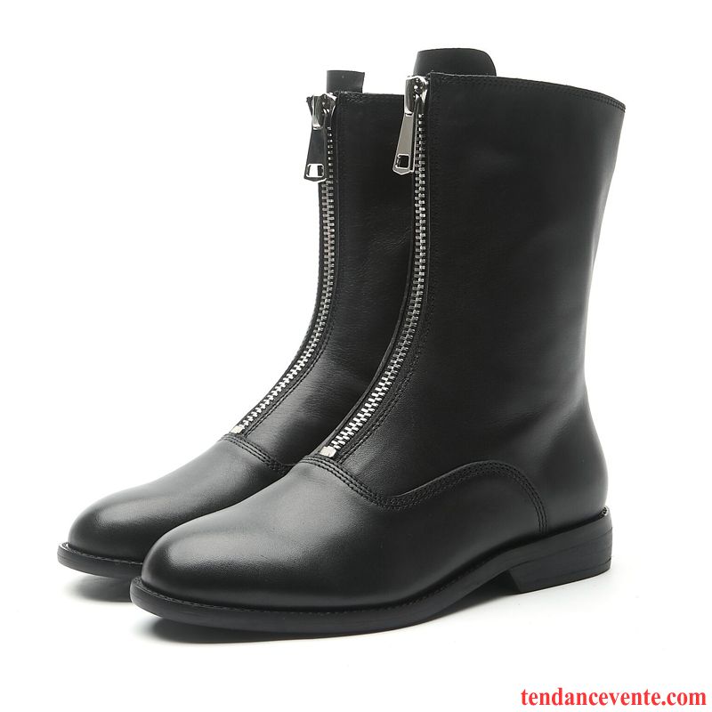 Chaussures Bottes Femmes Marques Cuir Véritable Rétro Femme Hiver Plates Fermeture Éclair Noir L'automne