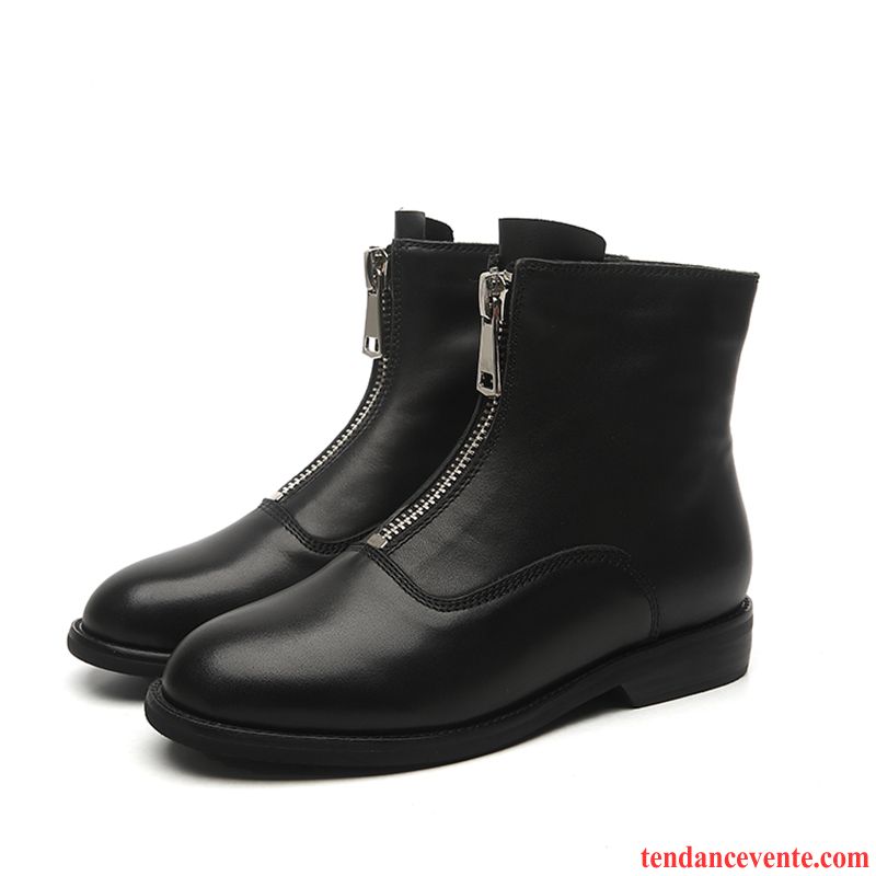 Chaussures Bottes Femmes Marques Cuir Véritable Rétro Femme Hiver Plates Fermeture Éclair Noir L'automne