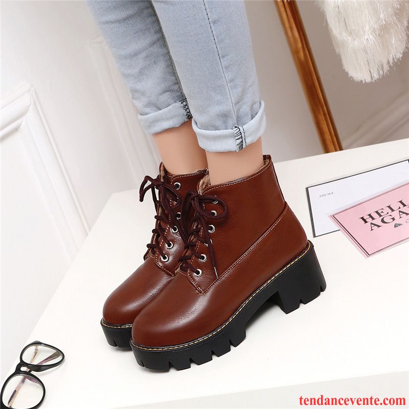 Chaussures Bottes Femmes Marques Fermeture Éclair Étudiant Plus De Velours Femme Semelle Épaisse Hiver Angleterre Talons Hauts