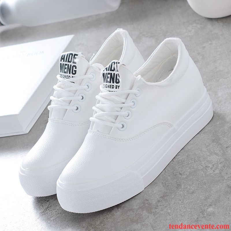 Chaussures De Skate Pour Femme Étudiant Printemps Tendance Femme Blanc En Cuir Mode Derbies Laçage Augmenté Décontractée Semelle Épaisse Bleu Vente