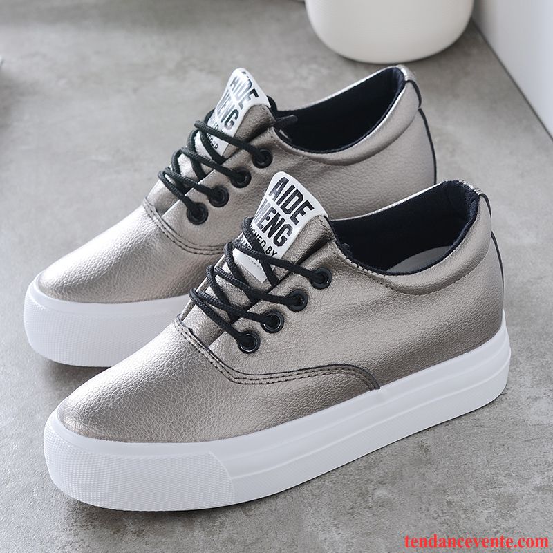 Chaussures De Skate Pour Femme Étudiant Printemps Tendance Femme Blanc En Cuir Mode Derbies Laçage Augmenté Décontractée Semelle Épaisse Bleu Vente