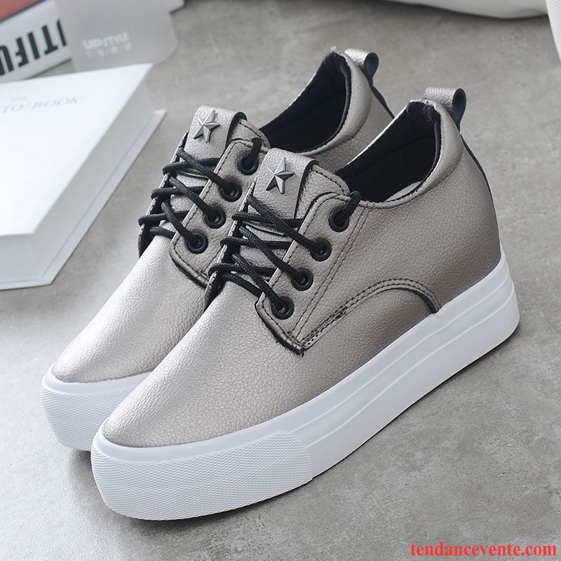 Chaussures De Skate Pour Femme Étudiant Printemps Tendance Femme Blanc En Cuir Mode Derbies Laçage Augmenté Décontractée Semelle Épaisse Bleu Vente