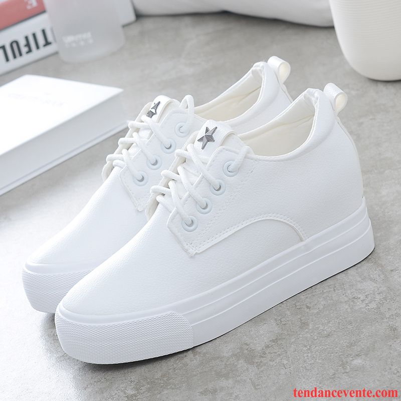 Chaussures De Skate Pour Femme Étudiant Printemps Tendance Femme Blanc En Cuir Mode Derbies Laçage Augmenté Décontractée Semelle Épaisse Bleu Vente