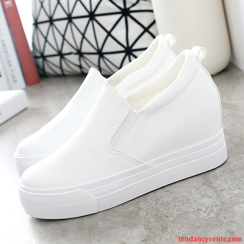 Chaussures De Skate Pour Femme Étudiant Printemps Tendance Femme Blanc En Cuir Mode Derbies Laçage Augmenté Décontractée Semelle Épaisse Bleu Vente