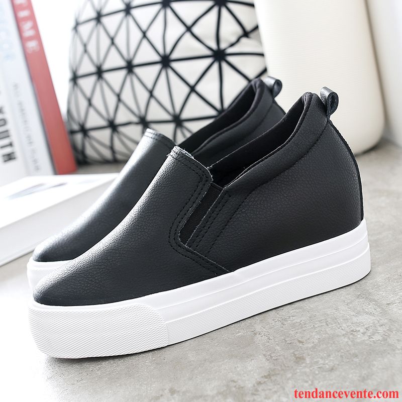 Chaussures De Skate Pour Femme Étudiant Printemps Tendance Femme Blanc En Cuir Mode Derbies Laçage Augmenté Décontractée Semelle Épaisse Bleu Vente