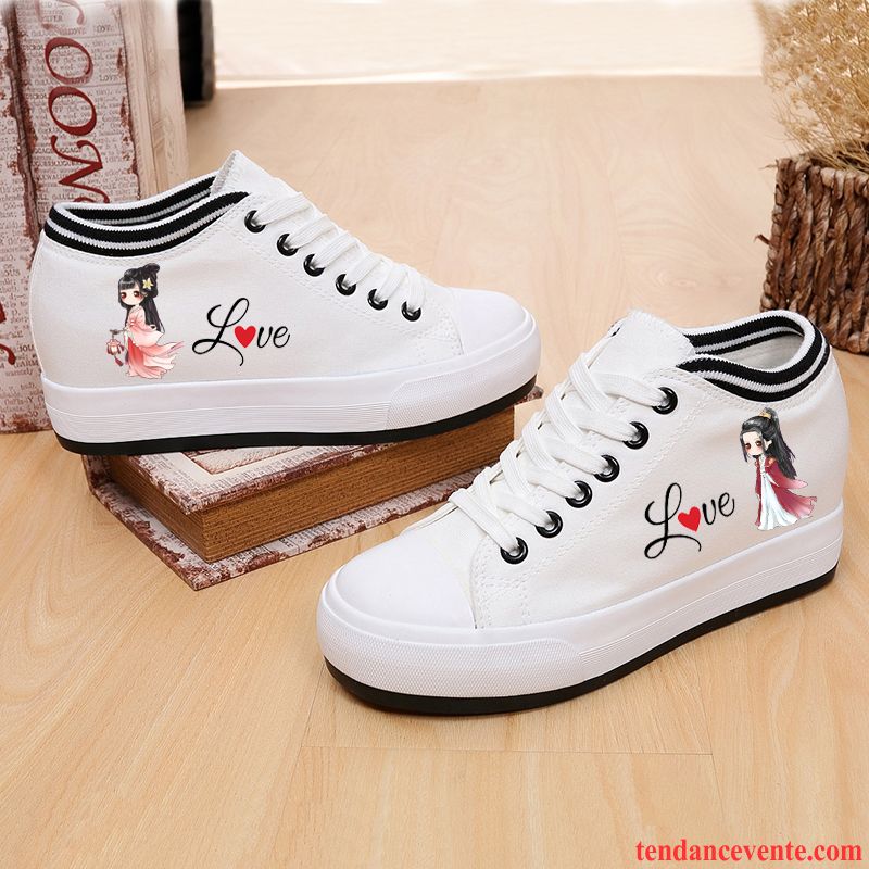 Chaussures Femme Skate Noir Toile Tous Les Assortis Printemps Basse Femme Blanc Décontractée Augmenté Semelle Épaisse Étudiant Graffiti