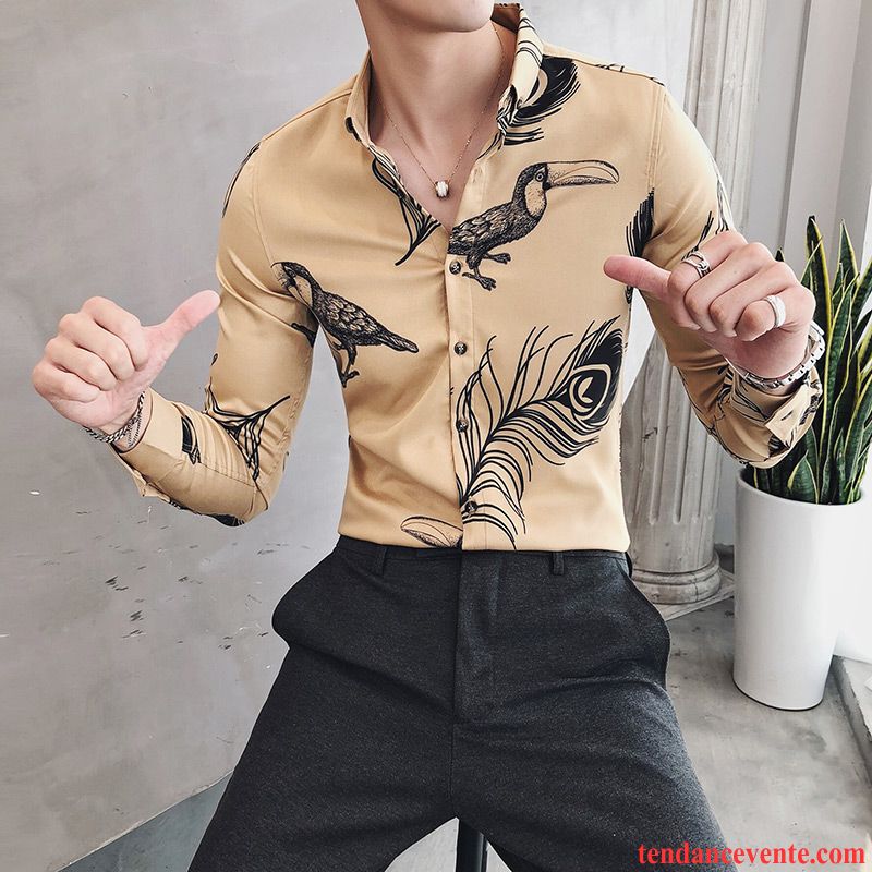 Chemise Beige Pas Cher Noir Longues Tous Les Assortis L'automne Floral Chemise Homme Tendance Slim Décontractée Lilas