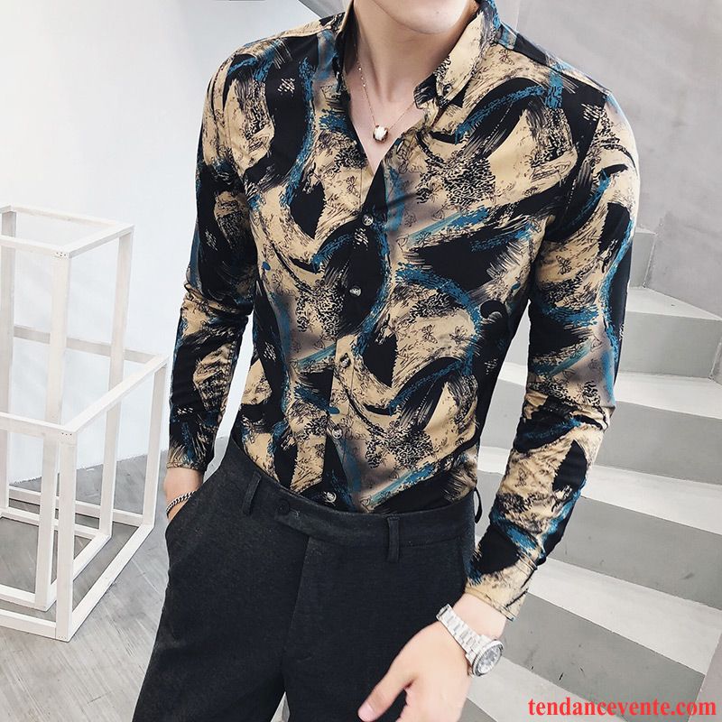 Chemise Beige Pas Cher Noir Longues Tous Les Assortis L'automne Floral Chemise Homme Tendance Slim Décontractée Lilas