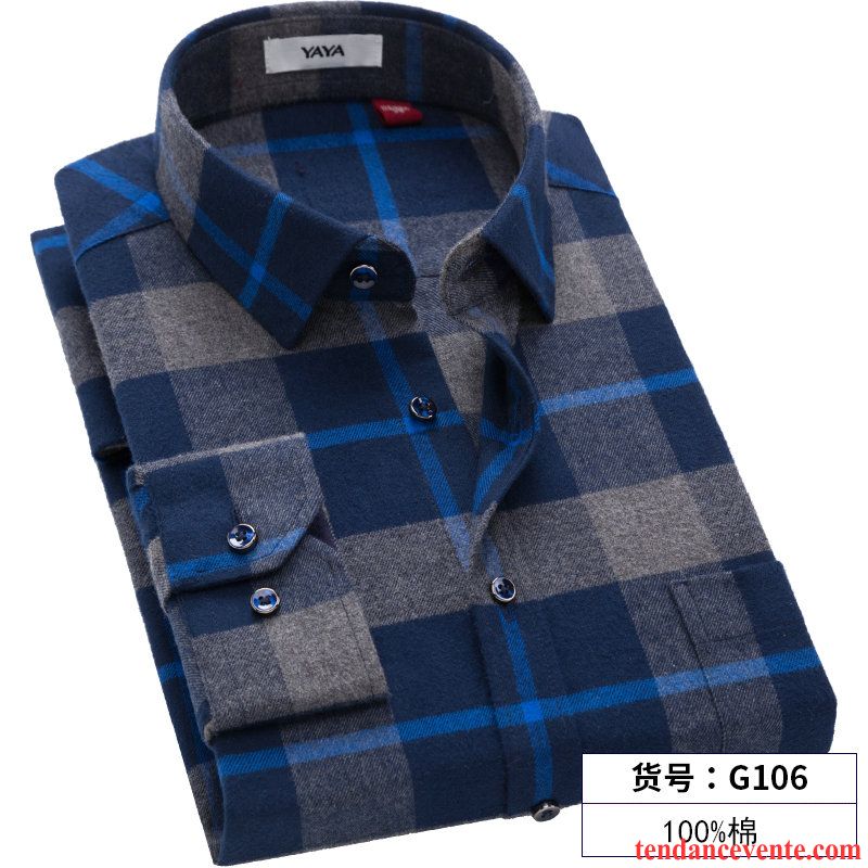 Chemise De Marque Pas Cher Carreaux Bleu Baggy Longues Chemise Homme Épais L'automne Coton Bio