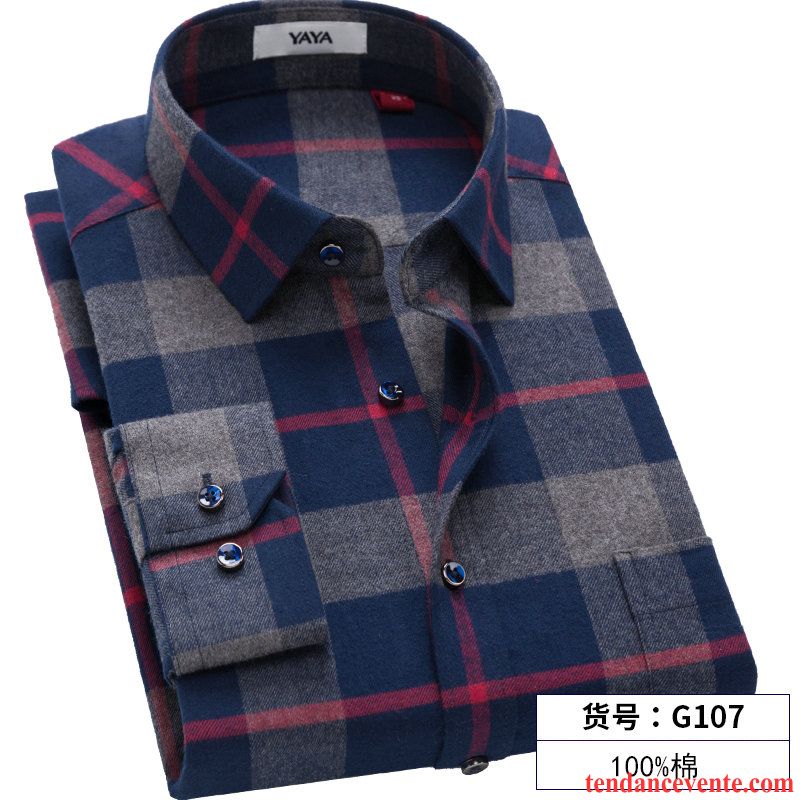 Chemise De Marque Pas Cher Carreaux Bleu Baggy Longues Chemise Homme Épais L'automne Coton Bio