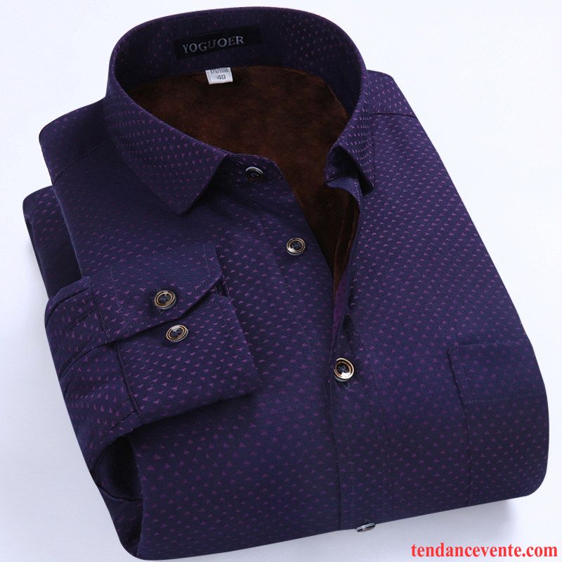 Chemise En Jean Bleu Clair Homme Chauds Chemise De Travail Plus De Velours Slim Longues Homme Violet Impression Renforcé Hiver Décontractée Pas Cher