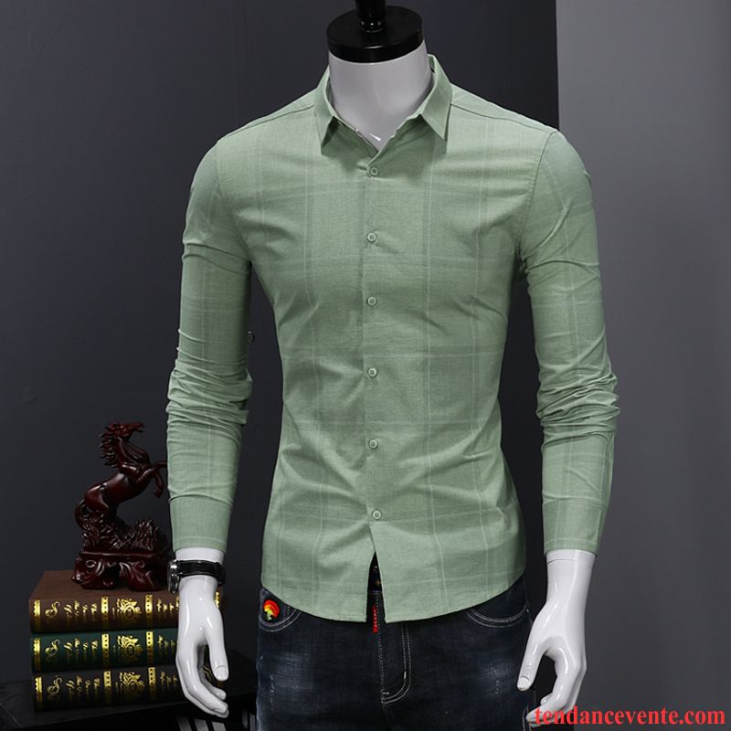 Chemise En Jean Noir Tendance Carreaux Chemise Longues Homme Blanc Décontractée Vert Beau Slim Jeunesse L'automne Chocolat