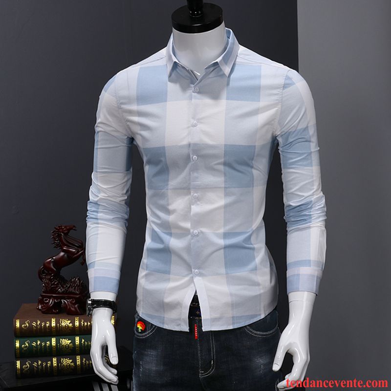 Chemise En Jean Noir Tendance Carreaux Chemise Longues Homme Blanc Décontractée Vert Beau Slim Jeunesse L'automne Chocolat