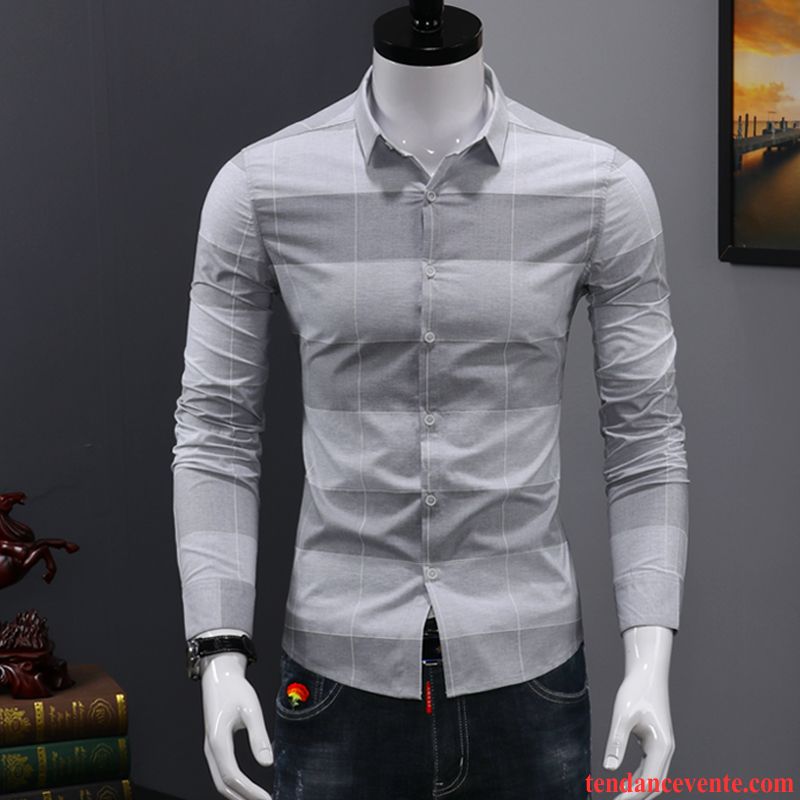 Chemise En Jean Noir Tendance Carreaux Chemise Longues Homme Blanc Décontractée Vert Beau Slim Jeunesse L'automne Chocolat