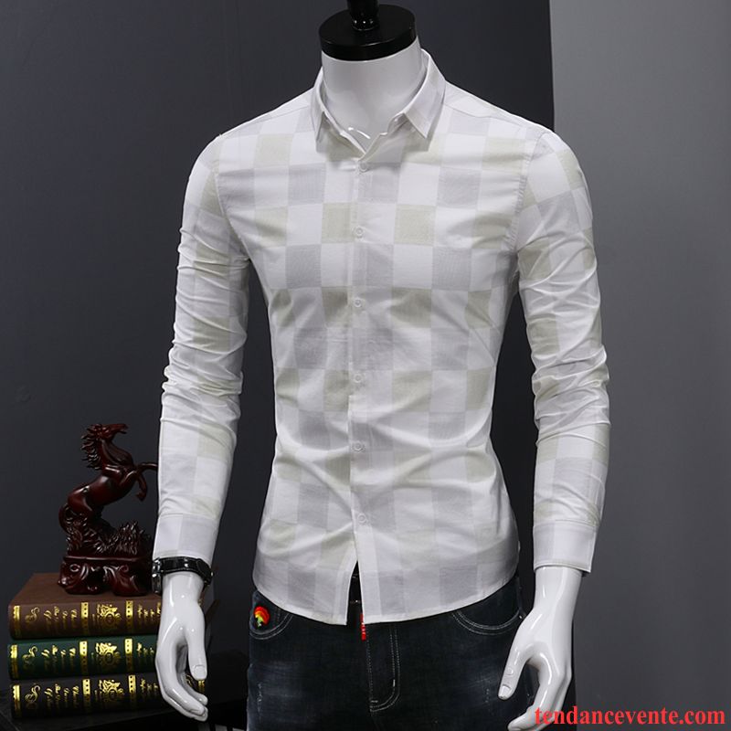 Chemise En Jean Noir Tendance Carreaux Chemise Longues Homme Blanc Décontractée Vert Beau Slim Jeunesse L'automne Chocolat