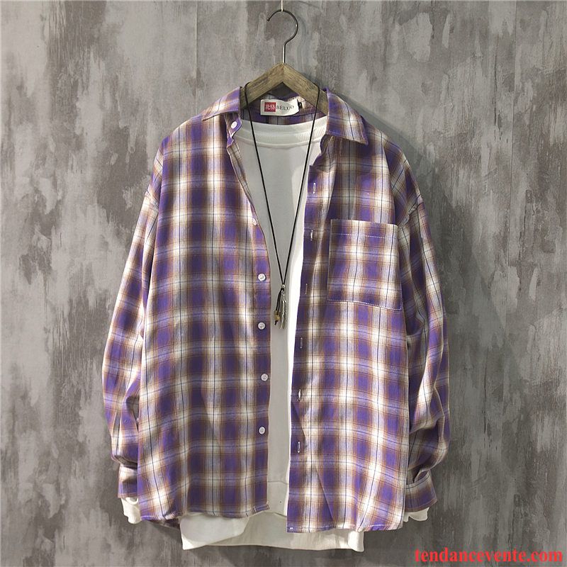 Chemise Grande Marque Homme Longue Violet Carreaux Homme Baggy Ultra Chemise Une Veste L'automne Chocolat