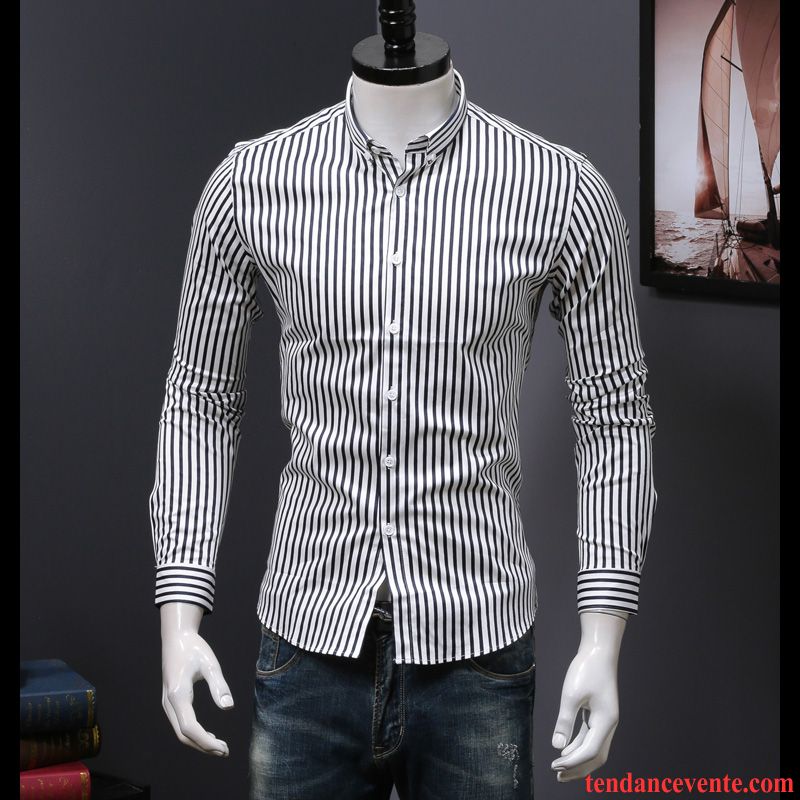 Chemise Homme Tendance Slim L'automne Chemise Rayé Légère Une Veste Bleu Longues Blanc Tendance Printemps Homme Décontractée Cyan