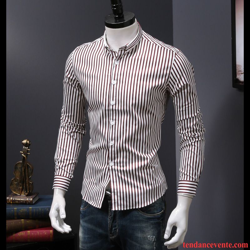 Chemise Homme Tendance Slim L'automne Chemise Rayé Légère Une Veste Bleu Longues Blanc Tendance Printemps Homme Décontractée Cyan