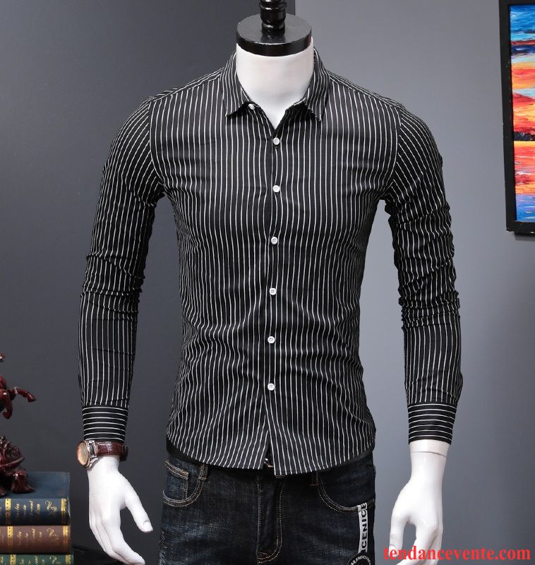 Chemise Homme Tendance Slim L'automne Chemise Rayé Légère Une Veste Bleu Longues Blanc Tendance Printemps Homme Décontractée Cyan