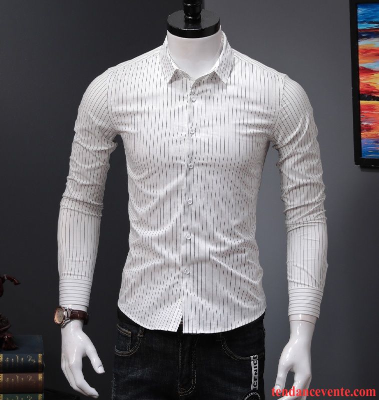 Chemise Homme Tendance Slim L'automne Chemise Rayé Légère Une Veste Bleu Longues Blanc Tendance Printemps Homme Décontractée Cyan