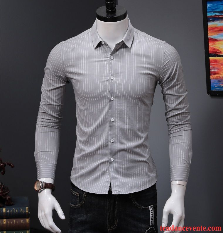 Chemise Homme Tendance Slim L'automne Chemise Rayé Légère Une Veste Bleu Longues Blanc Tendance Printemps Homme Décontractée Cyan